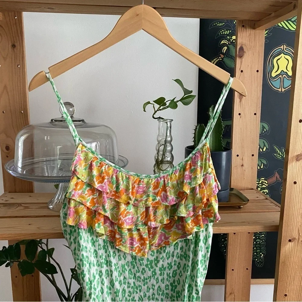 Rixo X Target Green Animal Leopard Print Colorful Ruffle Midi Slip Dres Large - Picture 8 of 15